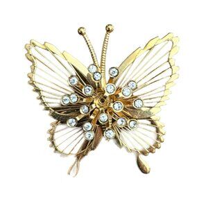 Vintage Monet Butterfly Brooch Gold Tone wClear Rhinestones